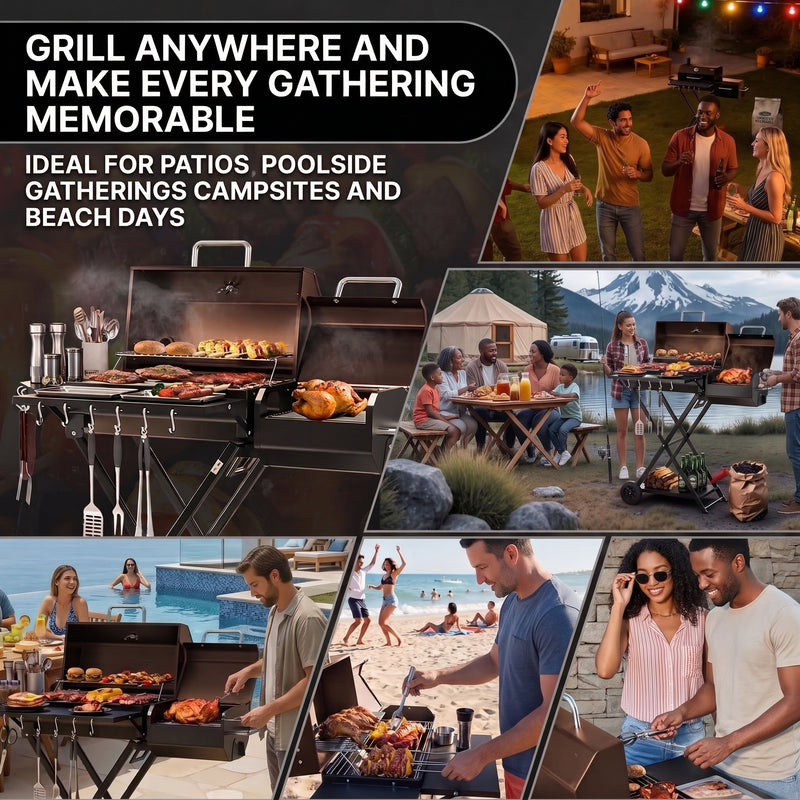 Portable Charcoal Grill with Smoking Function, Foldable Suitcase Design with Wheels, Multi-Tier Storage Rack & Waterproof Cover for Outdoor BBQ Parties - 9
