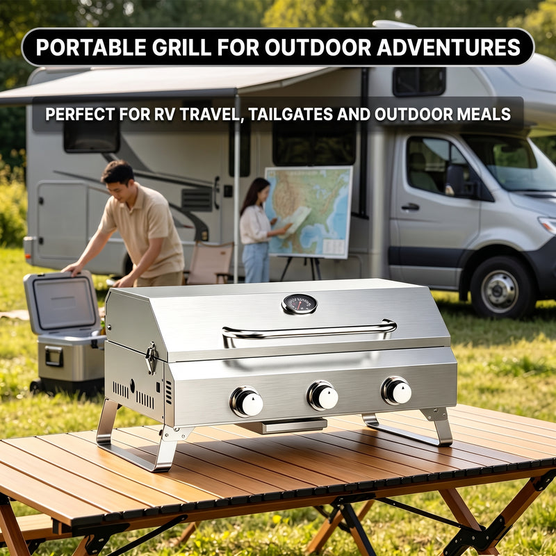PORTABLE STAINLESS STEEL TABLETOP PROPANE GRILL – 2 & 3 BURNER OUTDOOR BBQ OPTIONS - 9