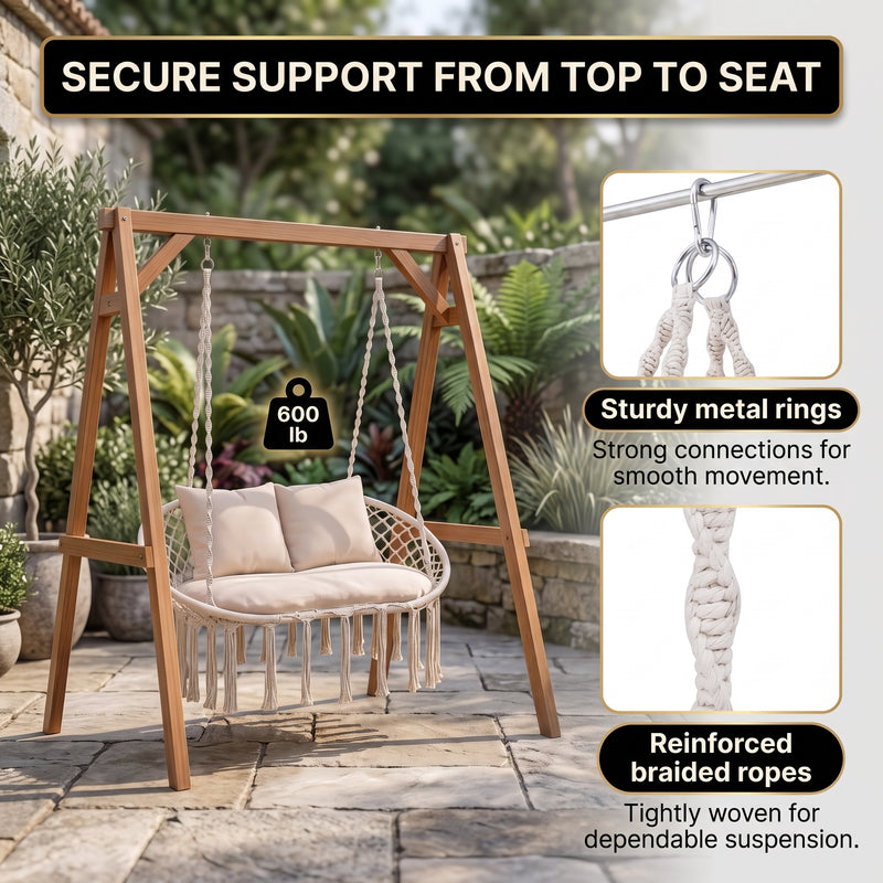 2-Person Hanging Hammock Chair with Cushion – Boho Macrame Swing for Indoor & Outdoor Relaxation - 9