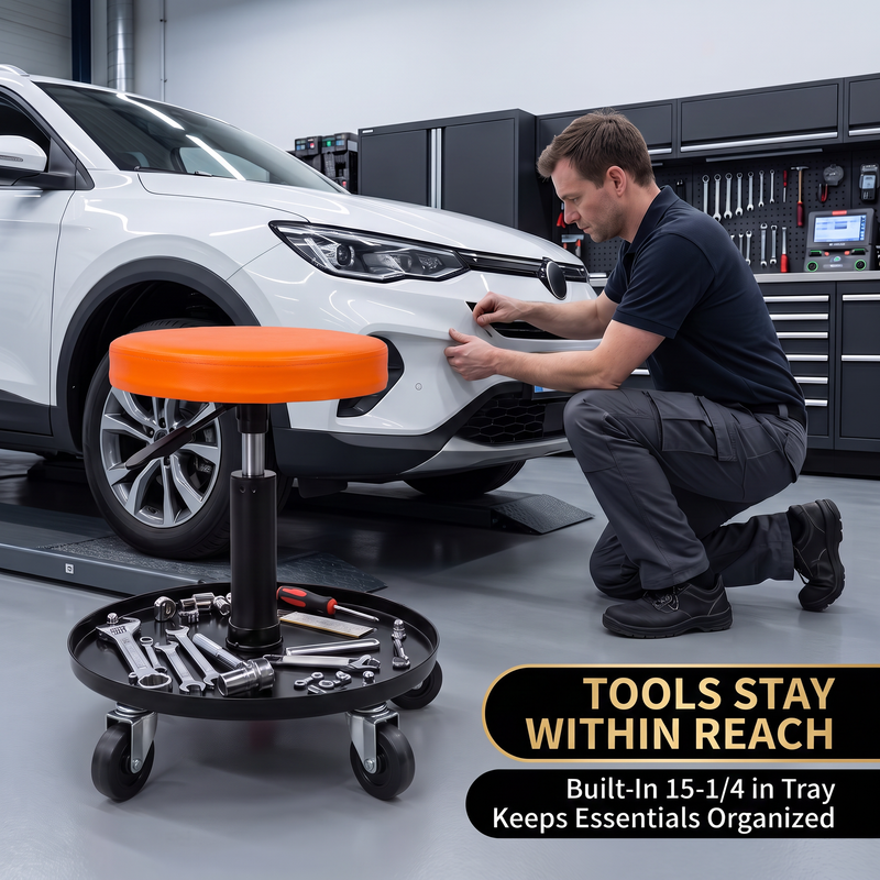 Pneumatic Rolling Mechanic Stool with Wheels – Adjustable Height Shop Stool with Tool Tray, 360° Swivel Seat for Garage & Workshop - 9