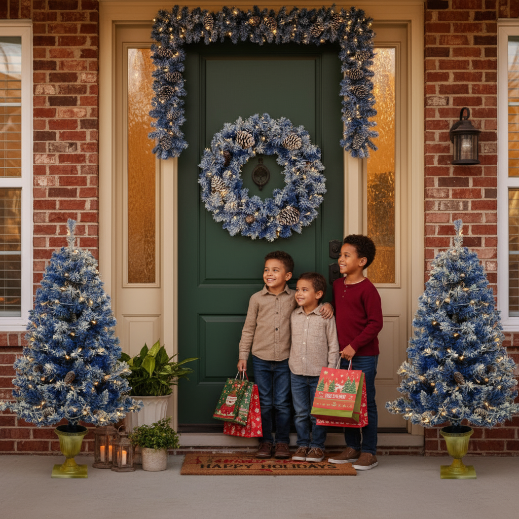 Pre-lit Xmas Tree Artificial Christmas 4-Piece Set,Garland, Wreath and Set of 2 Entrance Trees X-mas with LED Lights, Christmas Tree