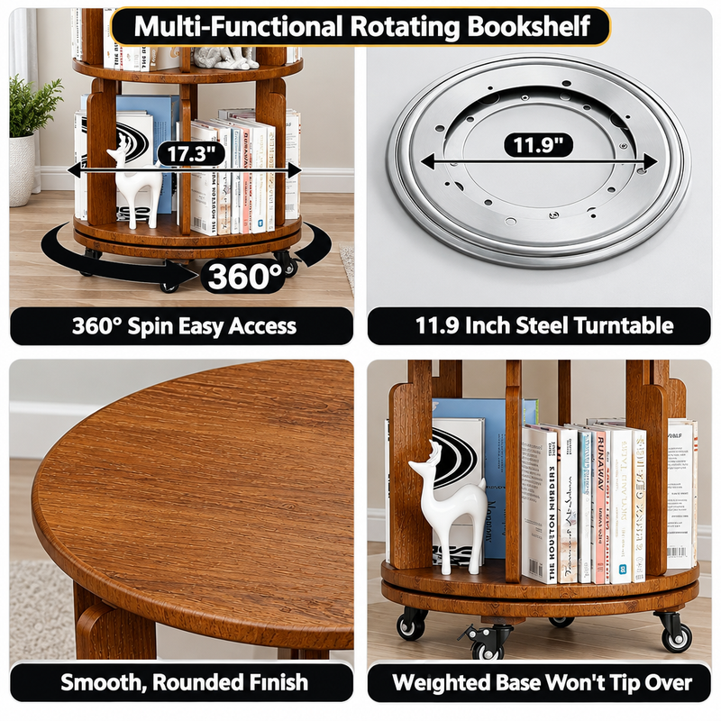 Rotating Bookshelf Tower – 360° Spinning Bookcase | 5 & 6-Tier, Solid Wood & MDF - 9
