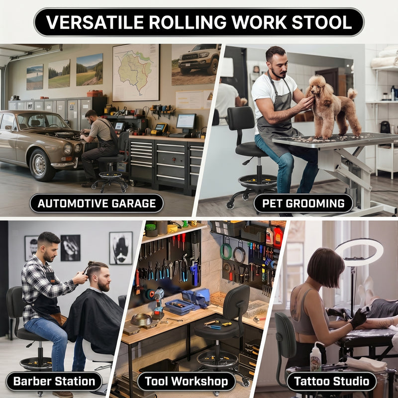 Rolling Mechanic Chair with Backrest and Footrest – Heavy Duty Shop Stool with Wheels, Adjustable Height Swivel Garage Chair - 9