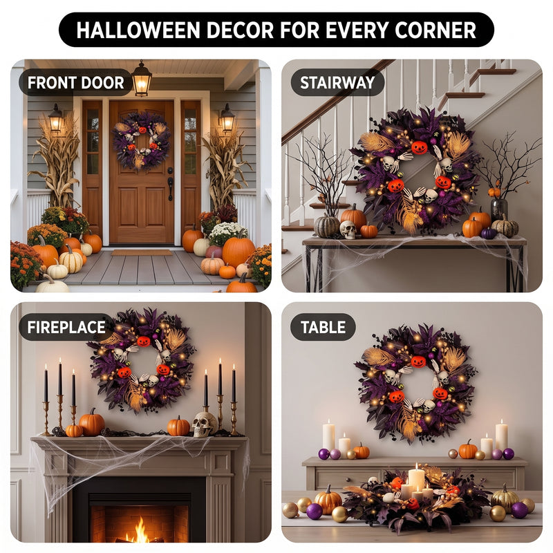 HALLOWEEN WREATH WITH LIGHTS FOR FRONT DOOR – PRE-LIT PUMPKIN, WITCH & GOTHIC PORCH DÉCOR - 9