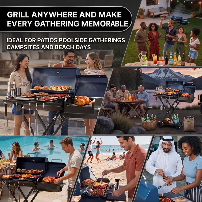 Portable Charcoal Grill with Smoking Function, Foldable Suitcase Design with Wheels, Multi-Tier Storage Rack & Waterproof Cover for Outdoor BBQ Parties - 9