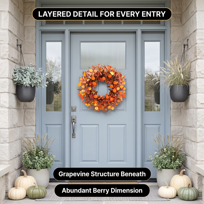 Fall Wreath for Front Door – Artificial Autumn Wreath with Pumpkins, Sunflowers & Peonies, 22 Inch, Farmhouse Harvest Décor for Porch, Wall & Thanksgiving - 9