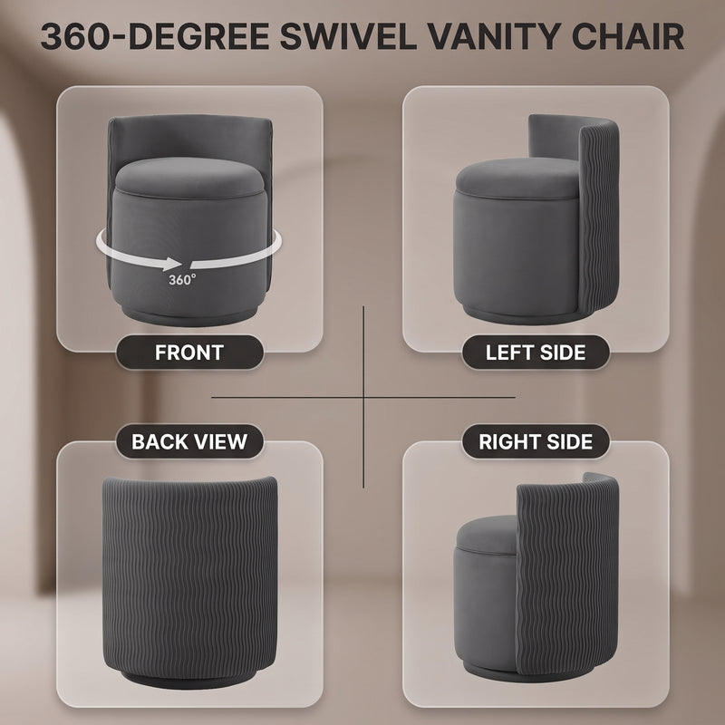 VANITY CHAIR WITH STORAGE – 360° SWIVEL VELVET SEAT - 9