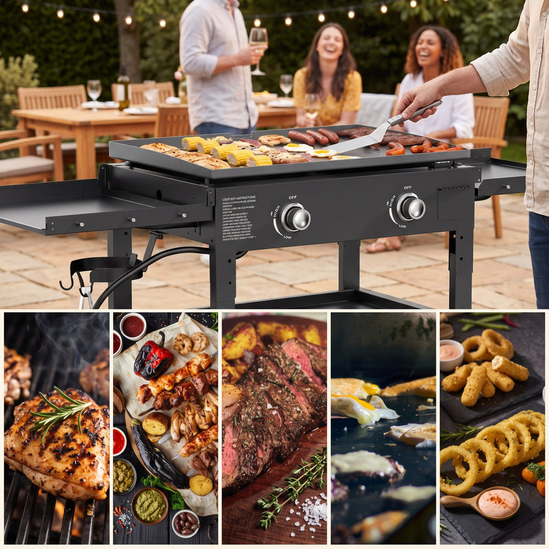 2 & 3 BURNER PORTABLE PROPANE FLAT TOP GRIDDLE – 20,000–45,000 BTU OUTDOOR GRIDDLE WITH SIDE SHELVES & CART - 9