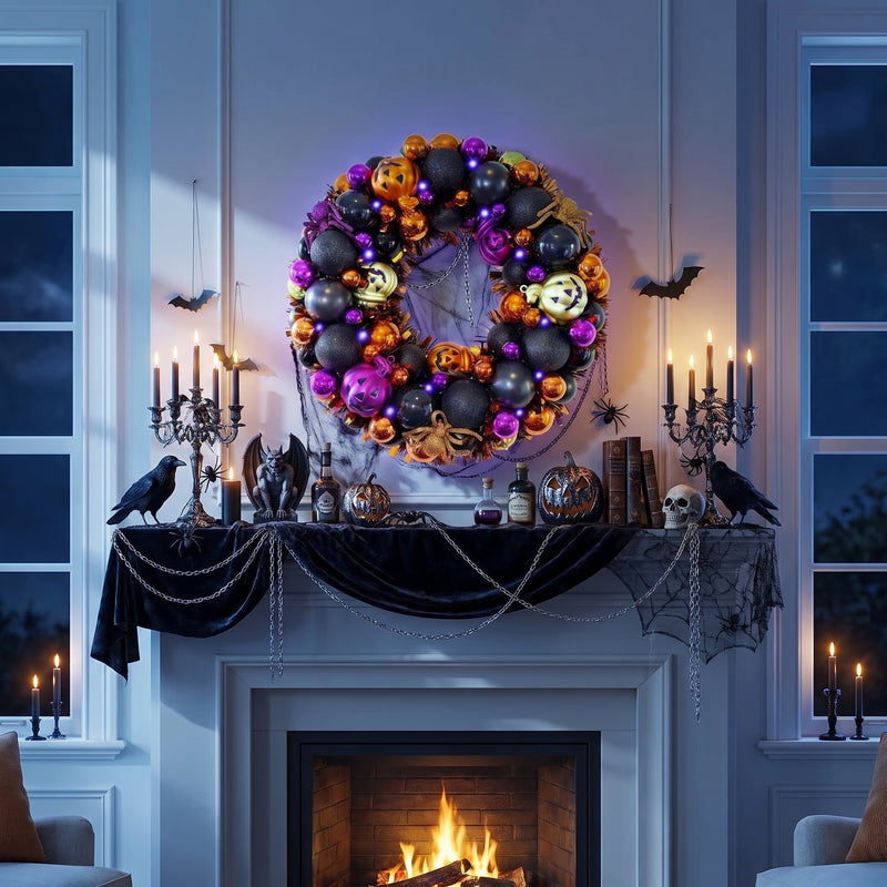 HALLOWEEN WREATH WITH LIGHTS FOR FRONT DOOR – PRE-LIT PUMPKIN, WITCH & GOTHIC PORCH DÉCOR - 9