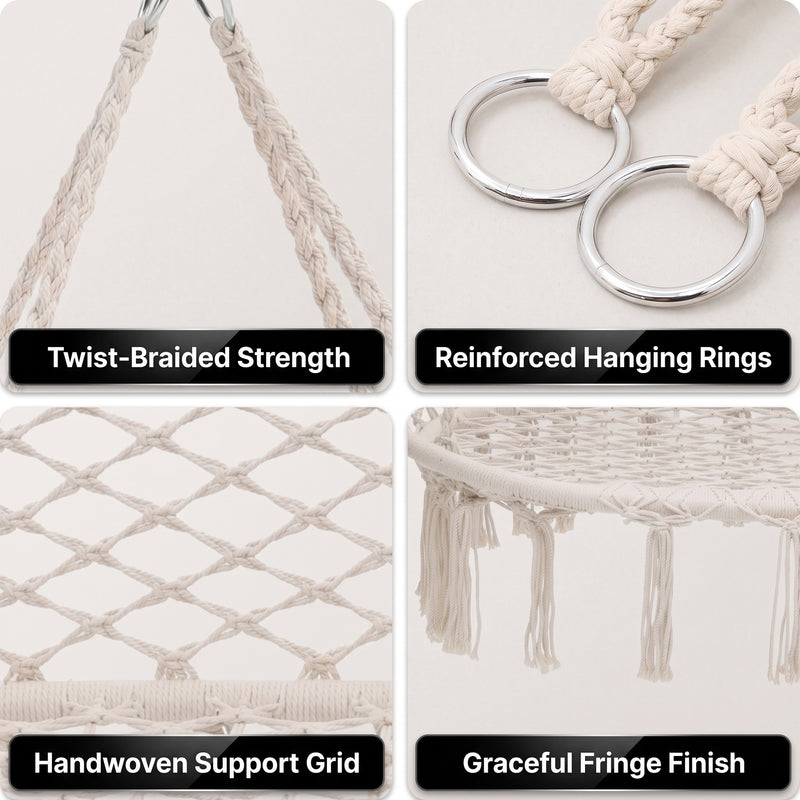 2-Person Hanging Hammock Chair with Cushion – Boho Macrame Swing for Indoor & Outdoor Relaxation - 9