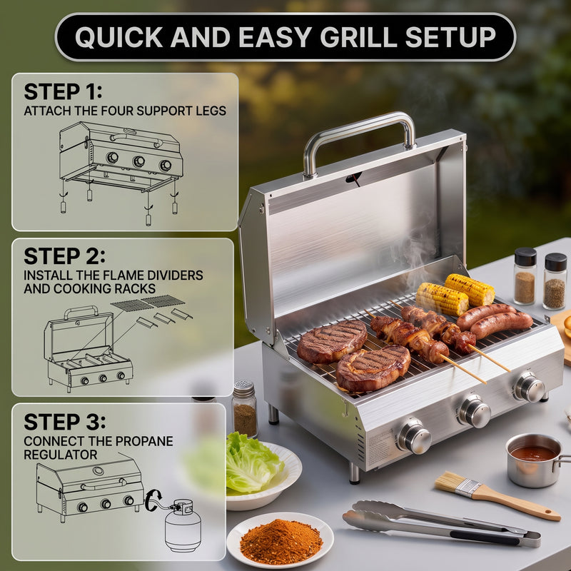 PORTABLE STAINLESS STEEL TABLETOP PROPANE GRILL – 2 & 3 BURNER OUTDOOR BBQ OPTIONS - 9