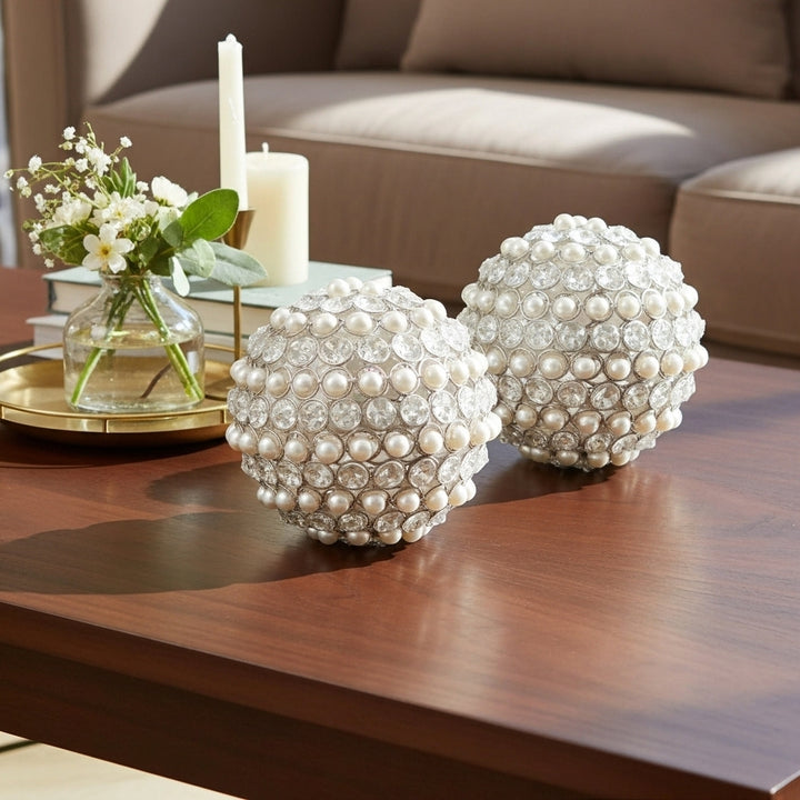 Set Of Two 5" Silver And Clear Faux Crystal Decorative Orb Sculptures