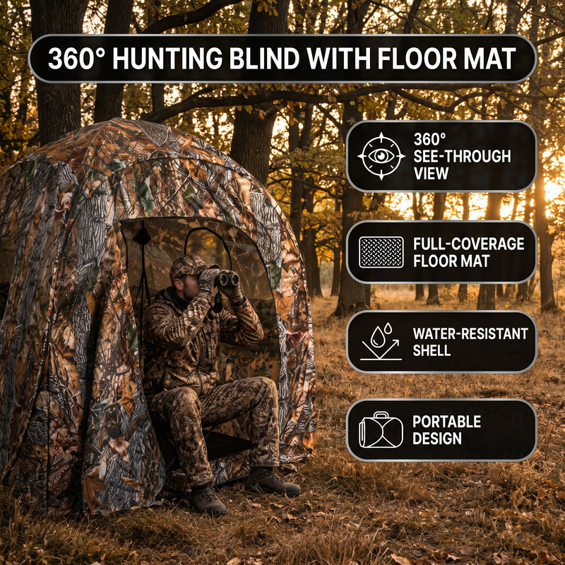 Hunting Blind with Floor Mat, 360 Degree See Through Ground Blind with Carrying Bag, 2/3/4 Person Pop Up Camouflage Tent Portable Concealed Shelter - 9