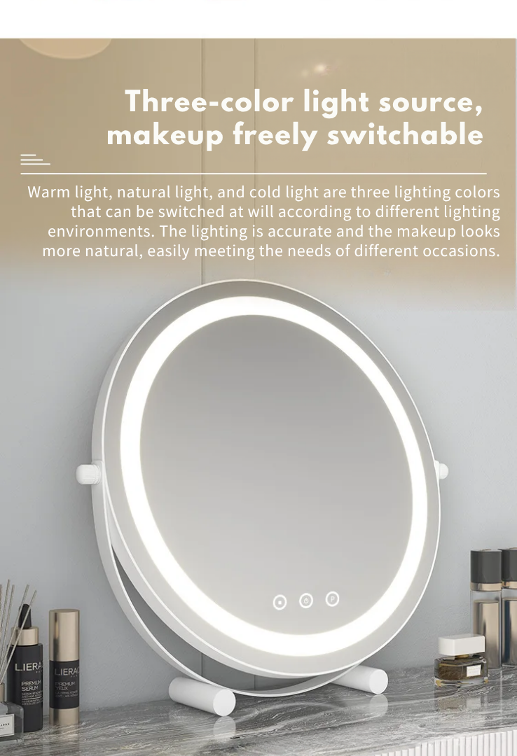 Metal Desktop Makeup Mirror  3-Level LED Lighted Vanity Mirror  Adjustable Rotating Makeup Mirror for Clear Imaging