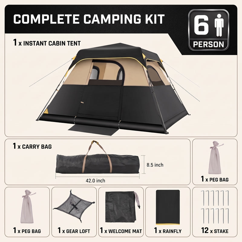 4-6 PERSON INSTANT CABIN CAMPING TENT – WATERPROOF FAMILY TENT WITH RAINFLY & CARRY BAG - 9