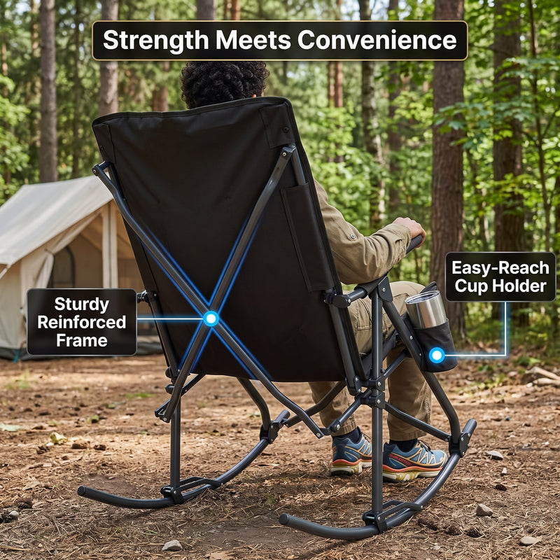High Back Folding Rocking Camping Chair – Oversized Portable Outdoor Rocker with Cup Holder, Carry Bag & Heavy-Duty Steel Frame - 9