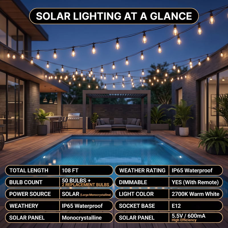 Outdoor Solar String Lights with Remote — Black, 37–108 ft - 9