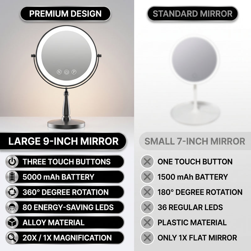 Rechargeable LED Vanity Mirror – Double-Sided 1X/10X Magnifying Mirror with Adjustable Brightness, Fixed Height - 9