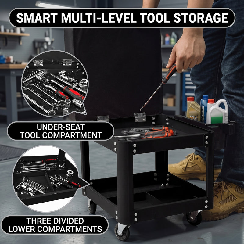 Rolling Mechanic Stool with Tool Tray - Creeper Seat with Wheels for Garage & Shop, Rolling Work Stool with Wheels for Mechanics, Auto Repair Workshop - 9