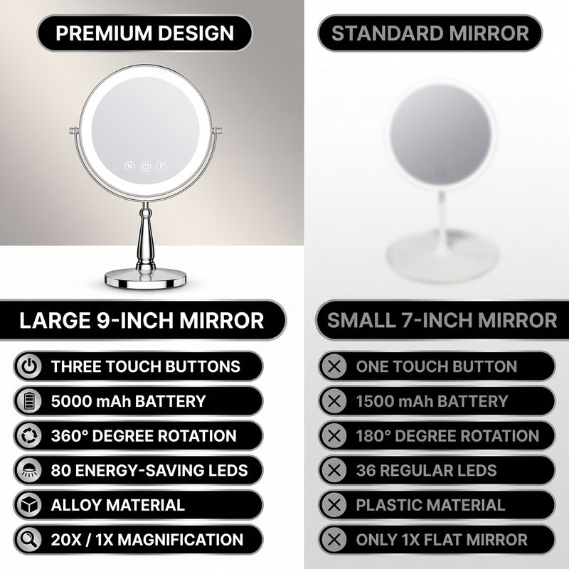 Rechargeable LED Vanity Mirror – Double-Sided 1X/10X Magnifying Mirror with Adjustable Brightness, Fixed Height - 9