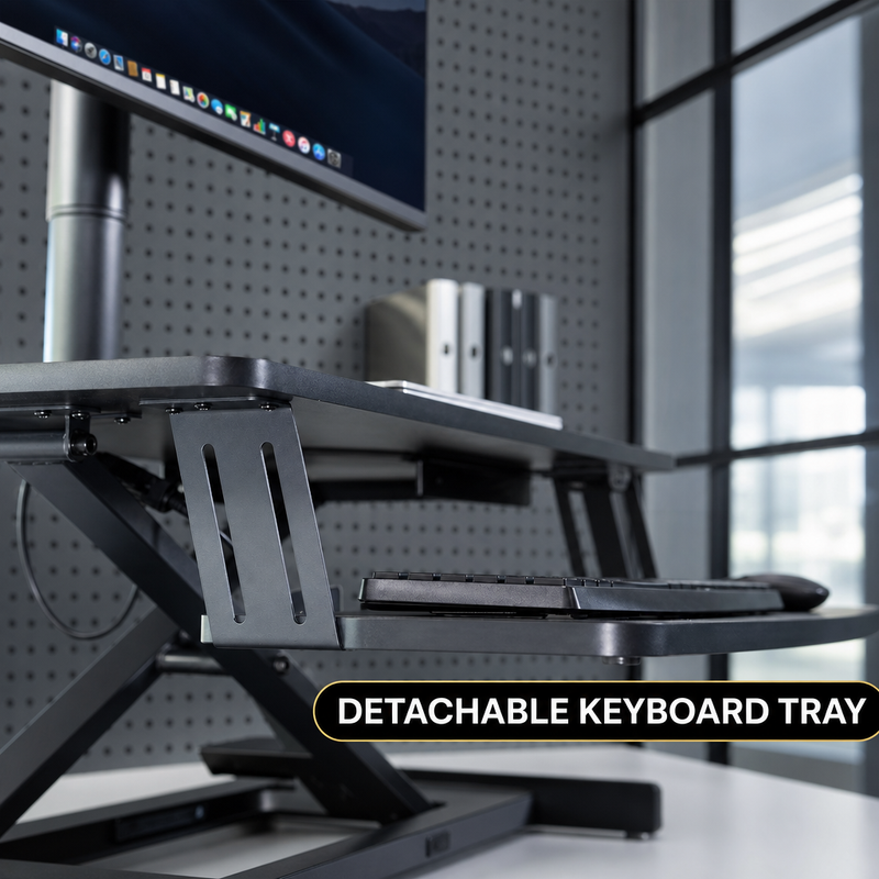Standing Desk Converter, Height Adjustable Sit to Stand Desk Riser, Pneumatic & Electric Dual Monitor Laptop Workstation with Wide Keyboard Tray - 9