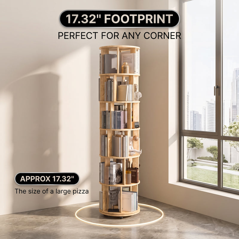 Rotating Bookshelf Tower – 360° Spinning Bookcase | 5 & 6-Tier, Solid Wood & MDF - 9