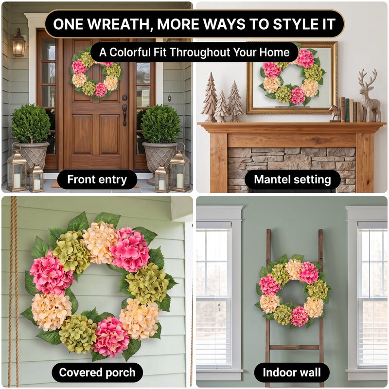 HYDRANGEA WREATH FOR FRONT DOOR – ARTIFICIAL FLORAL PORCH DÉCOR - 9
