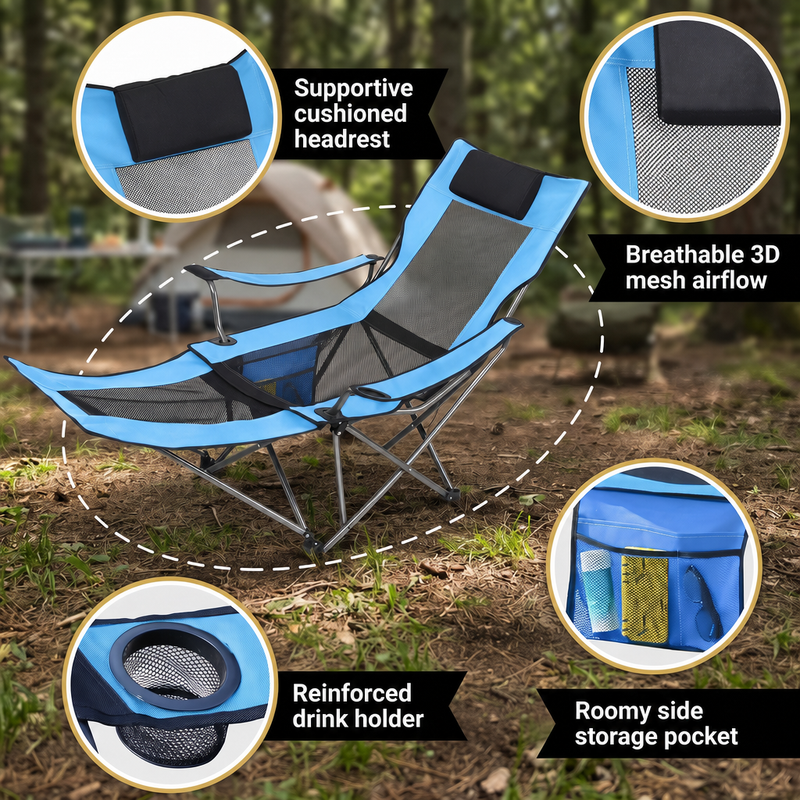 Premium Reclining Camping Chair with Footrest & Headrest – 4-Position Adjustable Recline - 9
