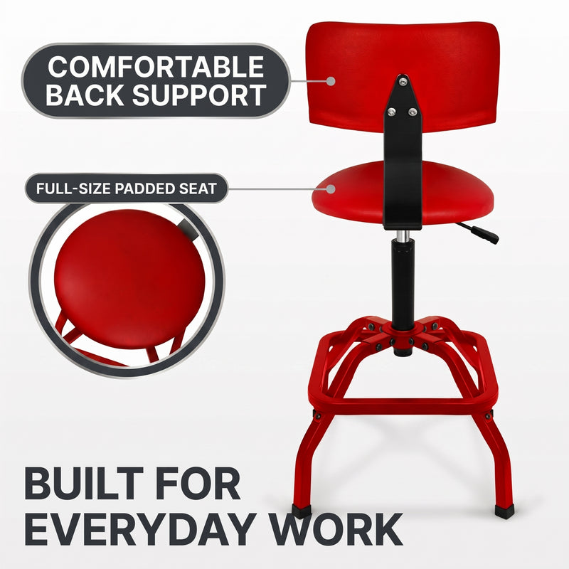 Adjustable Shop Stool with Backrest - Workbench Stool for Garage & Workshop, Swivel Bar Stool with Back Support, Padded Mechanic Stool - 9