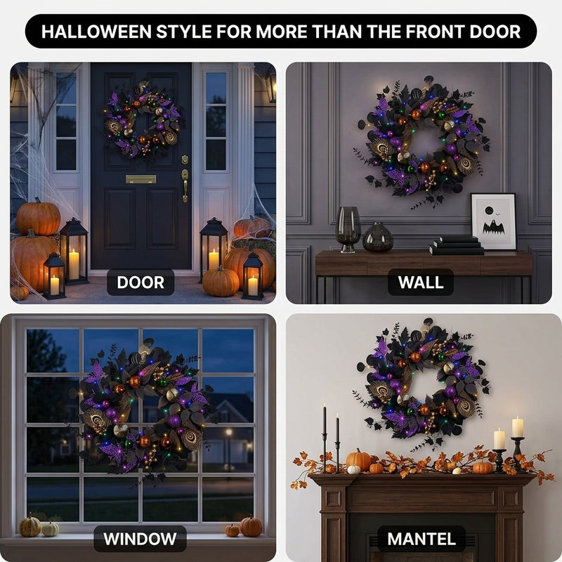 HALLOWEEN WREATH WITH LIGHTS FOR FRONT DOOR – PRE-LIT PUMPKIN, WITCH & GOTHIC PORCH DÉCOR - 9