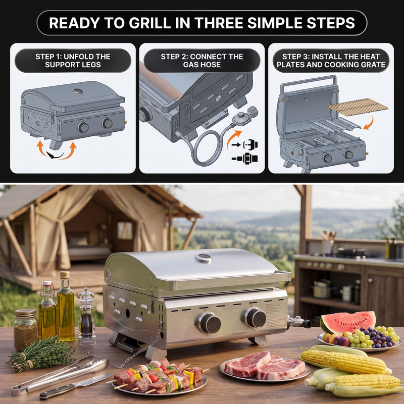 PORTABLE STAINLESS STEEL TABLETOP PROPANE GRILL – 2 & 3 BURNER OUTDOOR BBQ OPTIONS - 9