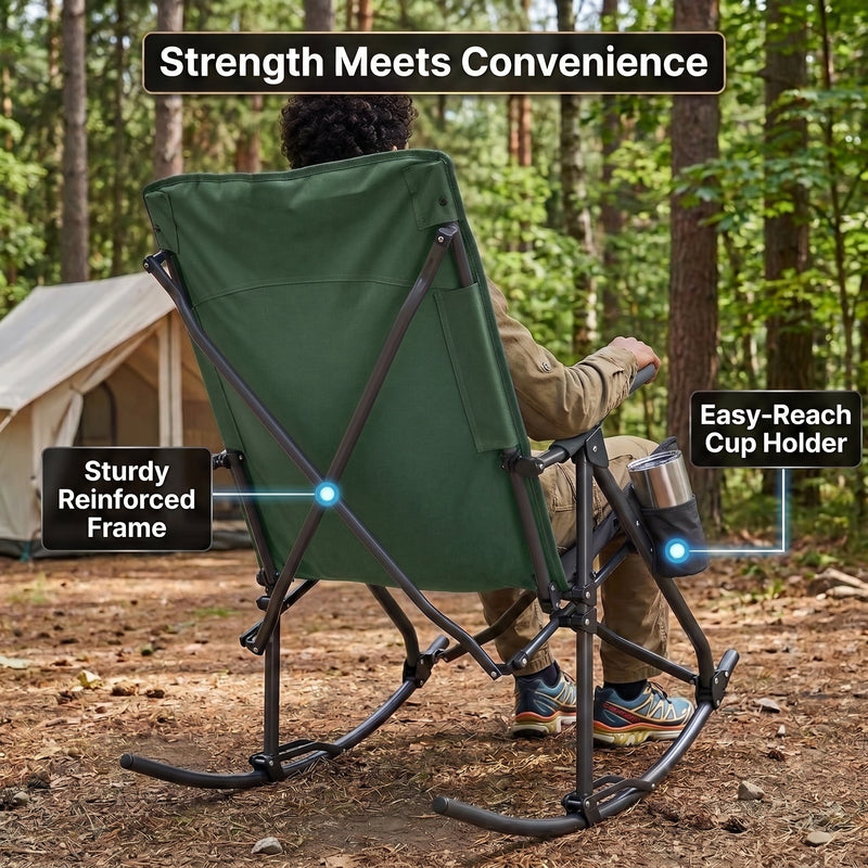 High Back Folding Rocking Camping Chair – Oversized Portable Outdoor Rocker with Cup Holder, Carry Bag & Heavy-Duty Steel Frame - 9