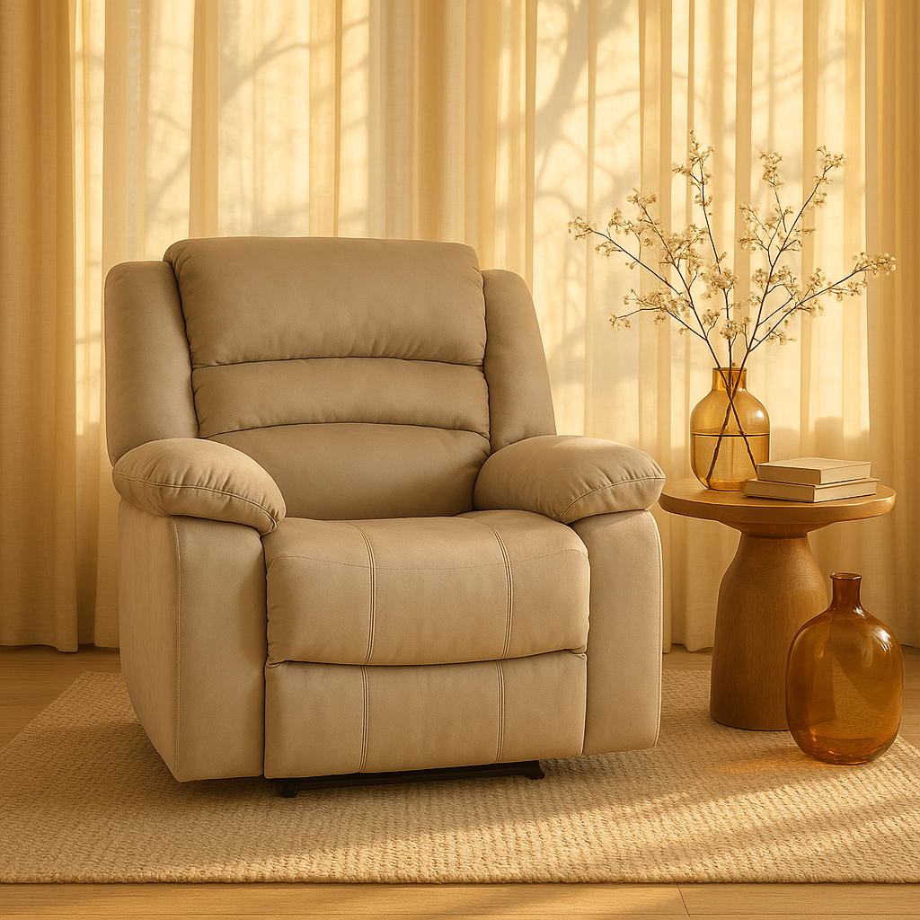 Premium Beige Fabric Recliner Chair - Modern 40"" Manual Reclining Furniture with Solid Wood Frame Construction