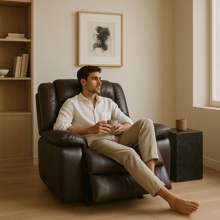 Brown Leather Manual Reclining Chair - Premium Comfort for TV Watching & Relaxation