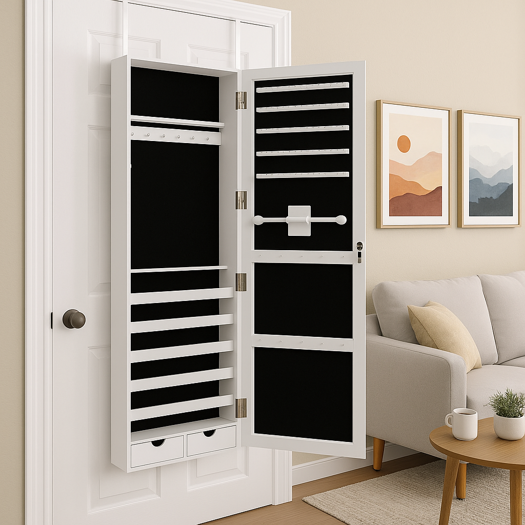 Premium Space-Saving LED Mirror Jewelry Armoire: Lockable Door & Wall Mount Storage Solution