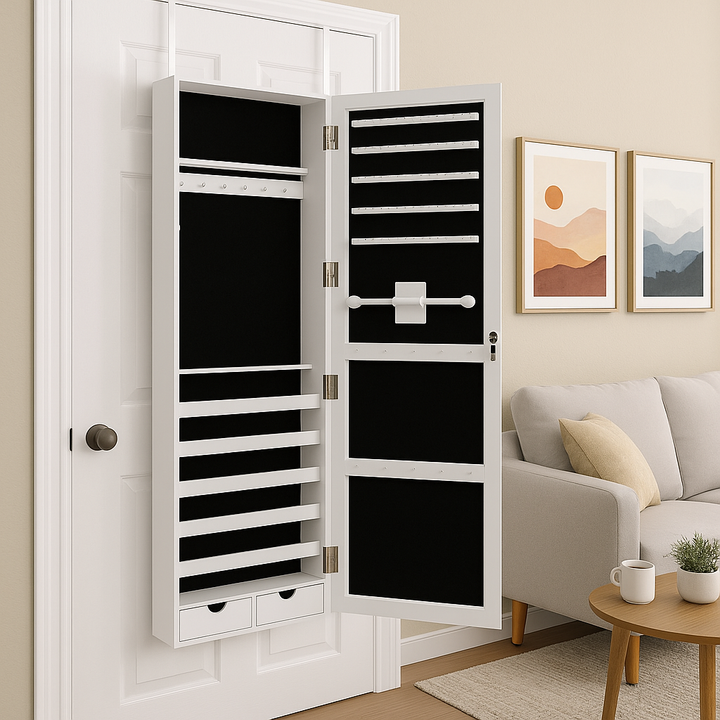 Premium Space-Saving LED Mirror Jewelry Armoire: Lockable Door & Wall Mount Storage Solution