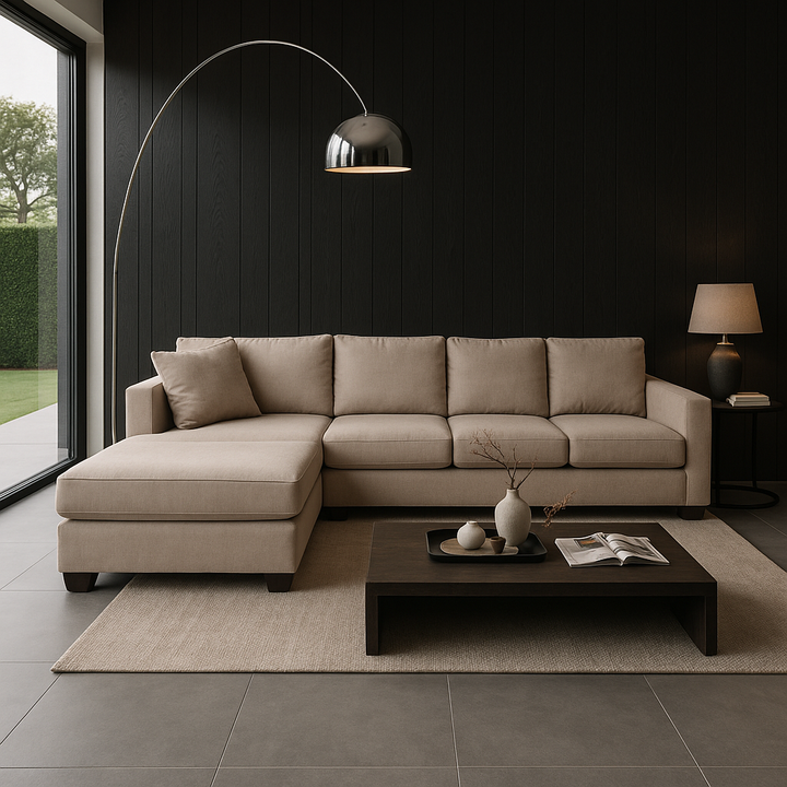 Tan Beige Blue Right Facing L-Shaped Sectional Sofa