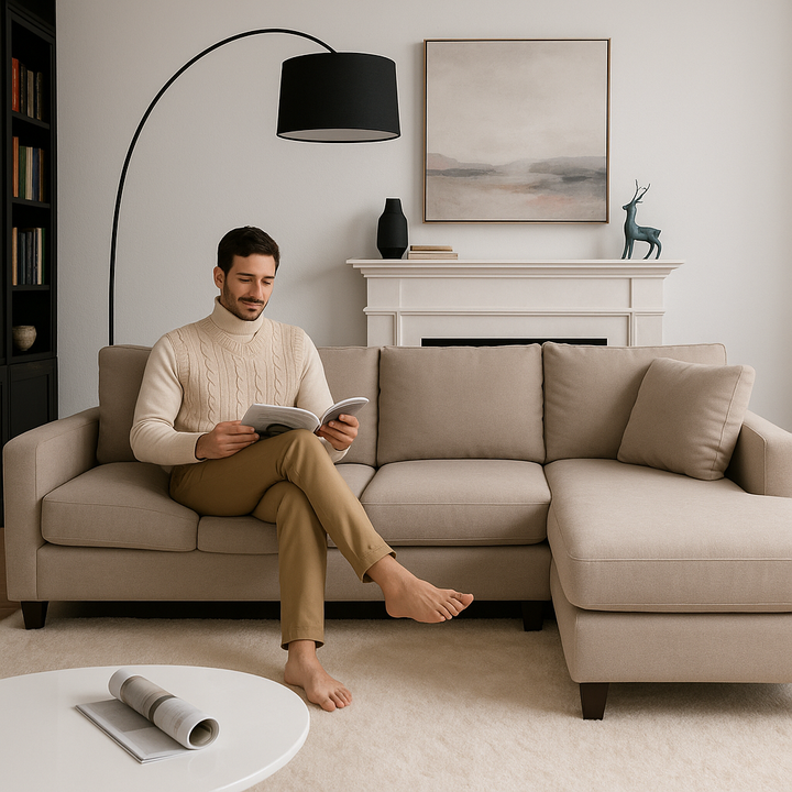 Tan Beige Blue Right Facing L-Shaped Sectional Sofa