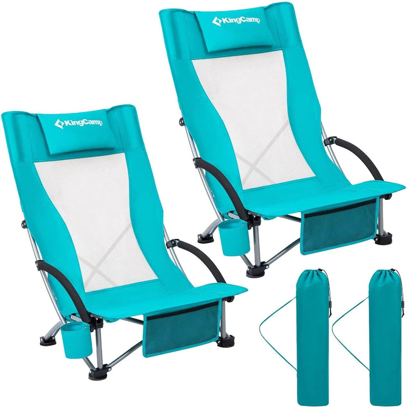 Folding Beach Chairs 2-Pack – Mesh Back with Cup Holders
