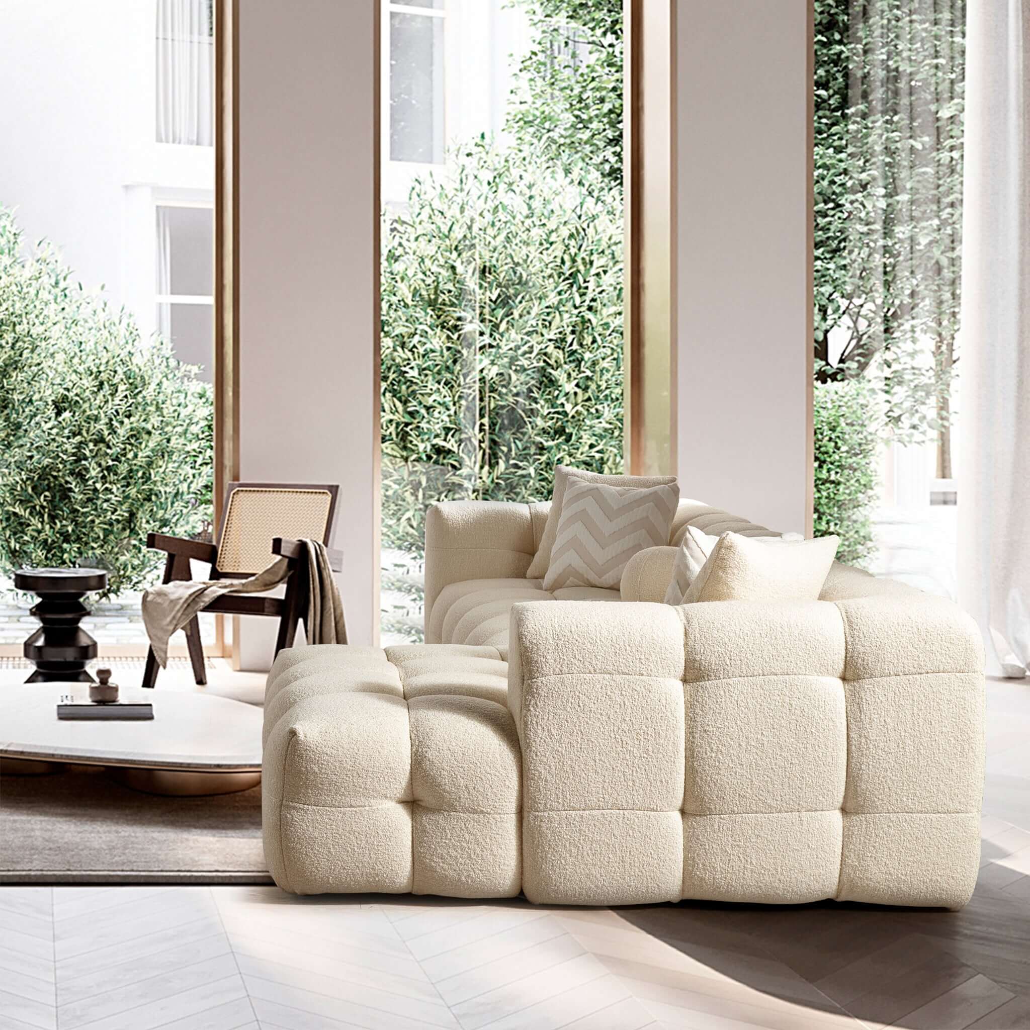 Alana Tufted Ivory Boucle Right Sectional Sofa