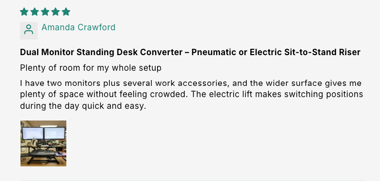 Dual Monitor Standing Desk Converter – Pneumatic or Electric Sit-to-Stand Riser customer review screenshot 5