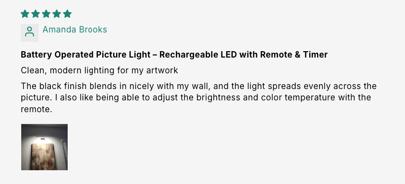 Battery Operated Picture Light – Rechargeable LED with Remote & Timer customer review screenshot 3
