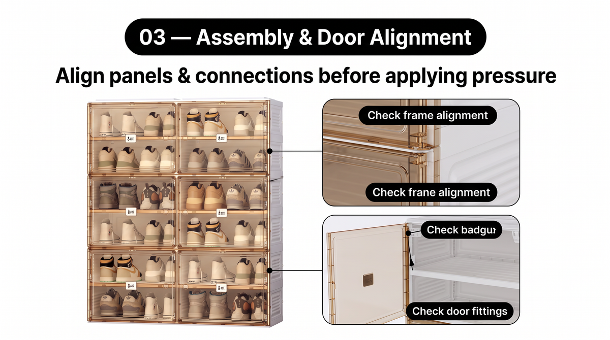 Close-ups of cabinet frame joints and door fittings show where to check alignment before applying pressure.