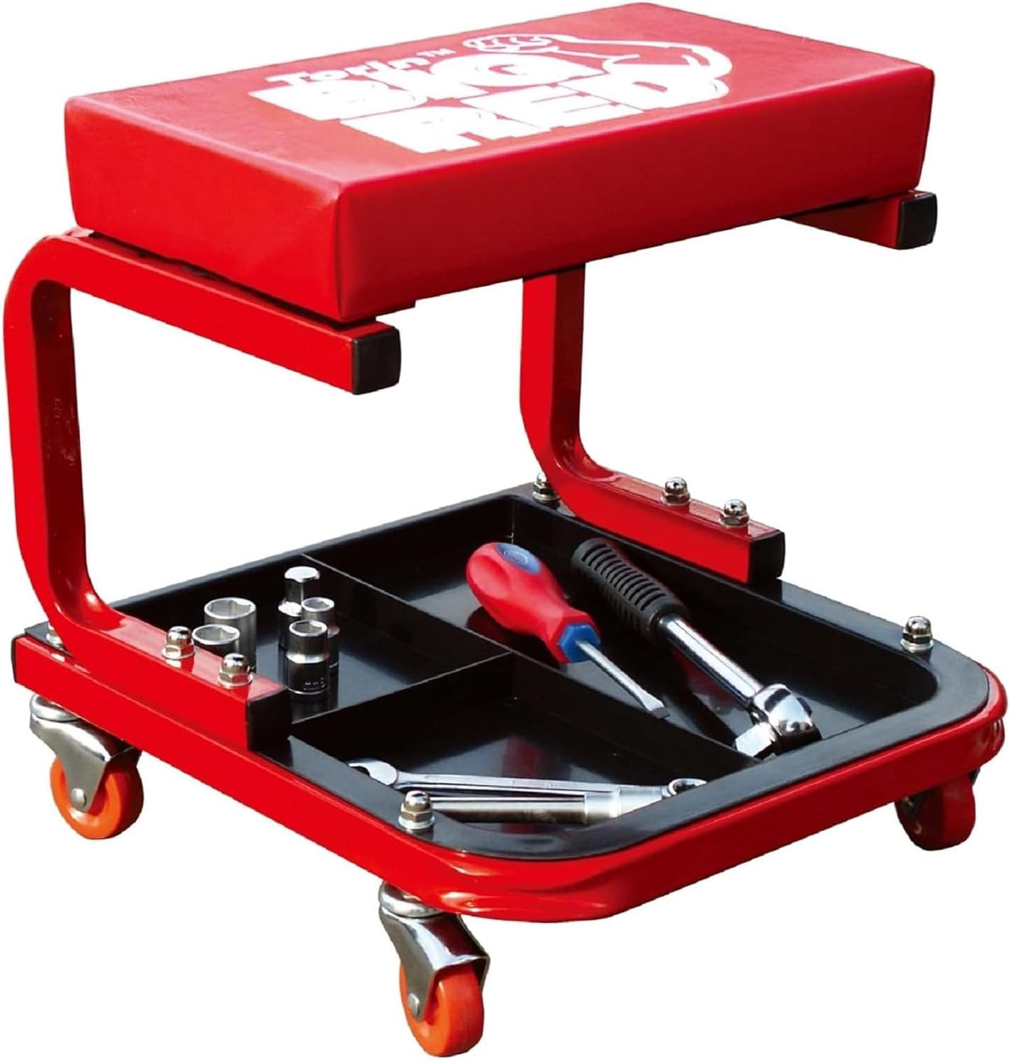 Rolling Mechanic Stool with Tool Tray - Creeper Seat with Wheels for Garage & Shop, Rolling Work Stool with Wheels for Mechanics, Auto Repair Workshop - Red 250 lbs