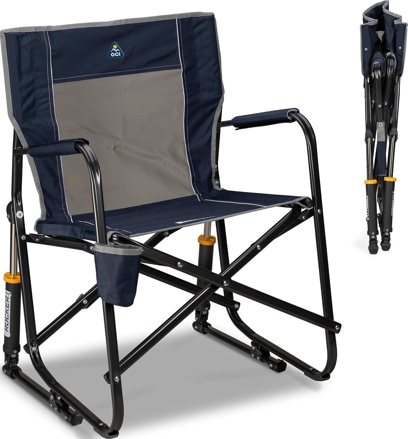 FOLDING ROCKING CHAIR – PORTABLE OUTDOOR CAMPING CHAIR WITH CUP HOLDER - Indigo Blue Folding Rocking Camping Chair
