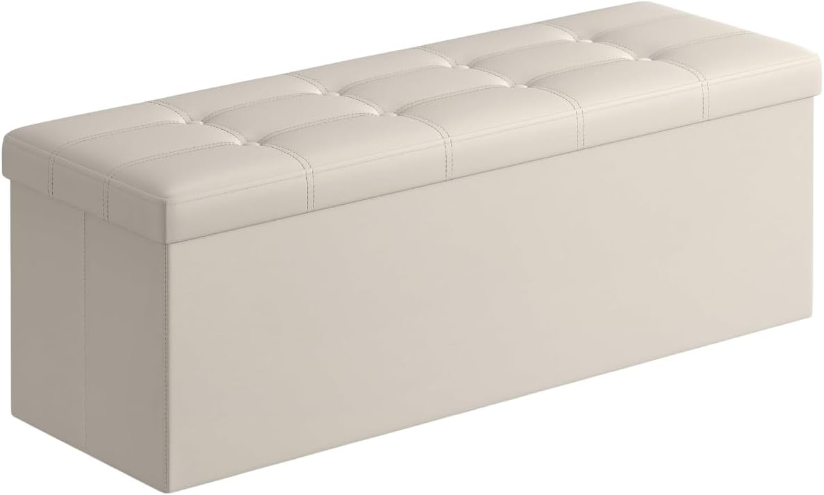 BENCH WITH STORAGE – FOLDING OTTOMAN WITH PADDED SEAT - Cream White 43" Folding Storage Ottoman Bench