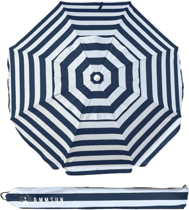 Beach Umbrella – Portable Tilt Outdoor Sun Shade with Carry Bag - Capri Navy Stripe