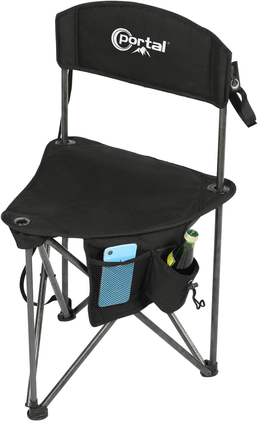 Tri-Lite Stool w/Back, Lightweight Portable Fishing Chair w/Cupholder and Carry Strap, Supports 225-Lb, Portable Outdoor Chair for the Hunting Blind, Camping, Travel, Hiking - Black Folding Tripod Stool with Backrest