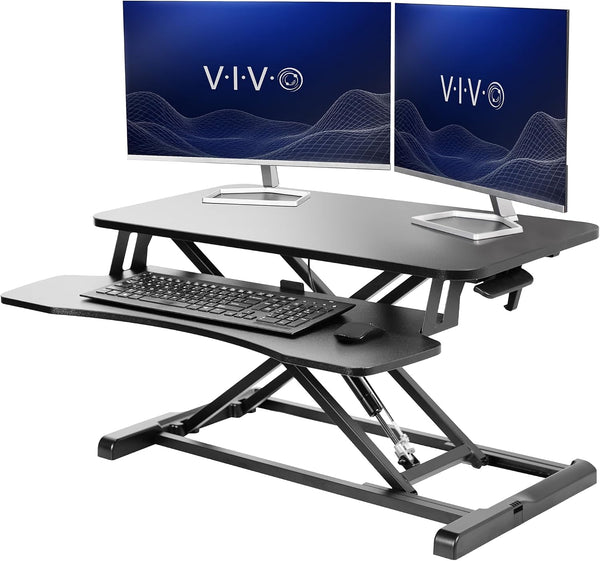 Sit to Stand Desk Riser, Height-Adjustable Standing Desk Converter with Wide Keyboard Tray - Pneumatic or Electric, 32/36/42 in