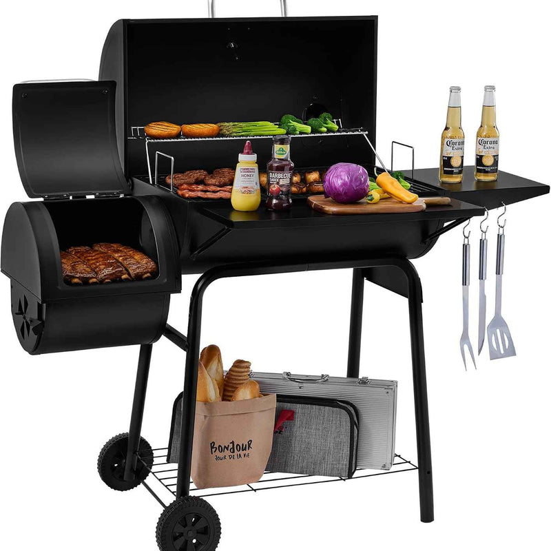 Portable Charcoal Grill with Smoking Function, Foldable Suitcase Design with Wheels, Multi-Tier Storage Rack & Waterproof Cover for Outdoor BBQ Parties
